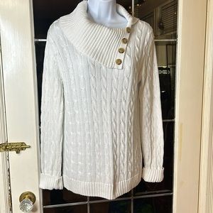 Jeanne Pierre Cream Cable Knit Asymmetric Button Neck Sweater M
